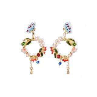 Fashion And Elegant Plated Gold Enamel Butterfly Circle Earrings With Cubic Zirconia And Imitation Pearls Golden - One Size
