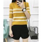 Elbow-sleeve Striped Knit Top Yellow - One Size
