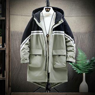Striped Color Panel Hooded Padded Zip Coat
