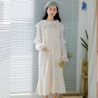 Set: Ruffle Trim Long-sleeve Top + Pocketed Midi Pinafore Dress