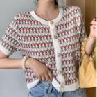 Short-sleeve Flower Print Cardigan Pink & Red & Green - One Size