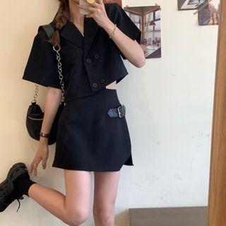 Plain Short-sleeve Cropped Jacket / Flower Camisole Top / Pleated Skirt