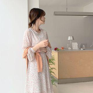 Bishop-sleeve Floral Midi Chiffon Dress Ivory - One Size