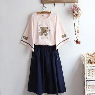 Elbow-sleeve Print T-shirt / Midi A-line Skirt / Set