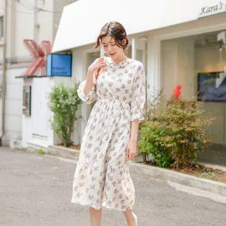 Pleat-collared Gathered-waist Floral Long Dress