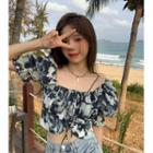 Short-sleeve Tie-dye Chiffon Crop Top Tie-dye - Black & White - One Size