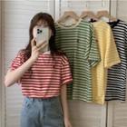 Short-sleeve Round-neck Color Block Striped Embroidered Top