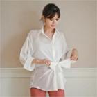 Drop-shoulder Tie-front Sheer Shirt