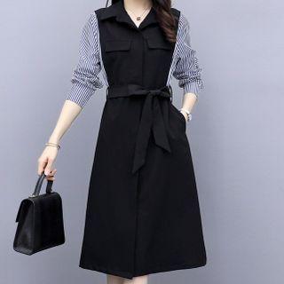 Long-sleeve Mock Two-piece Striped Sheath Dress