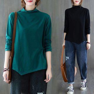 Long-sleeve Frog-buttoned Mock-neck T-shirt