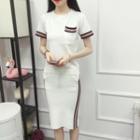Set: Knit Short-sleeve Top + Fitted Midi Skirt
