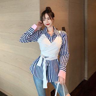 Striped Long-sleeve Shirt + Camisole Top As Shown In Figure - One Size