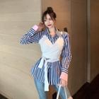 Striped Long-sleeve Shirt + Camisole Top As Shown In Figure - One Size