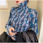 Long-sleeve Turtleneck Floral Print T-shirt Blue - One Size