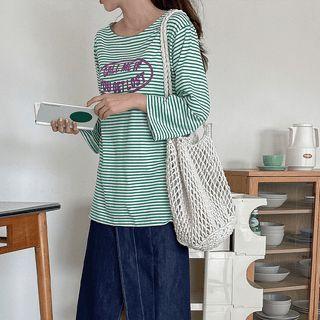 Long-sleeve Letter Print Stripe T-shirt