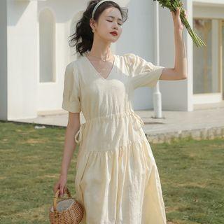 Short-sleeve Drawstring Midi A-line Dress Almond - One Size