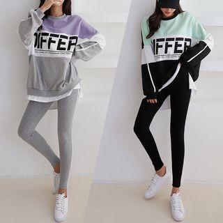 Set: Round-neck Letter Print Pullover + Band-waist Contrast-trim Pants