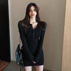 Plain Bodycon Long-sleeve Knit Dress Black - One Size