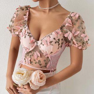 Short-sleeve V-neck Butterfly Embroidered Cropped Camisole Top