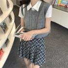 Short-sleeve Polo Shirt / Cropped Cable Knit Sweater Vest / Plaid Pleated Mini A-line Skirt