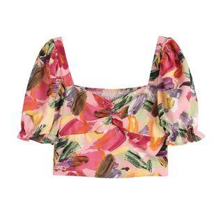 Puff-sleeve Square-neck Floral Print Crop Blouse