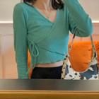 V-neck Wrapped Long-sleeve Knit Top Green - One Size