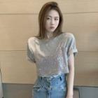 Mock Two-piece Sequined Panel T-shirt