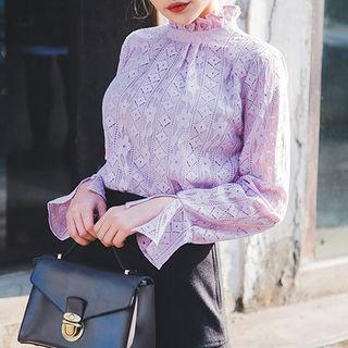 Frill-neck Slit-cuff Lace Top
