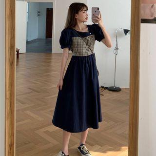 Balloon-sleeve Plaid Panel Midi A-line Dress