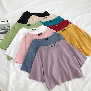 Round-neck Plain Short-sleeve Cropped Top