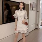 Contrast Trim Mandarin Collar Bell-sleeve Mini A-line Lace Dress