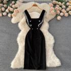 Square-neck Lace Trim Slit Sleeveless Dress
