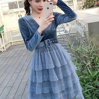 Long-sleeve Velvet Panel Layered Mesh Dress