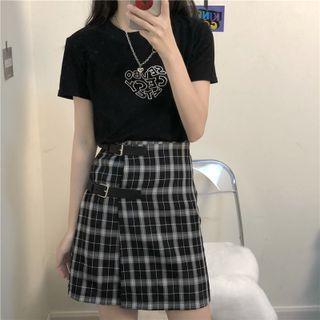 Short-sleeve Lettering Print T-shirt / Buckled Plaid Mini A-line Skirt