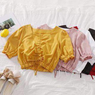 Elbow-sleeve Drawstring Cropped Top