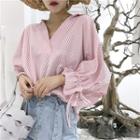 Long Sleeve Loose-fit Striped Sheath V-neck Blouse