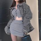 Checkered Shirt Jacket / Collared Knit Crop Top / Mini Pencil Skirt