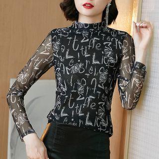 Long-sleeve Lettering Mock-neck Mesh Top