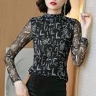 Long-sleeve Lettering Mock-neck Mesh Top