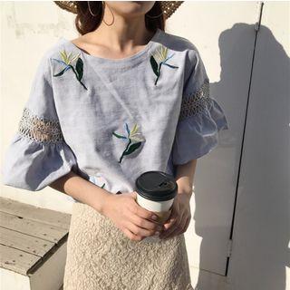 Flower Embroidered Perforated Elbow Sleeve Top