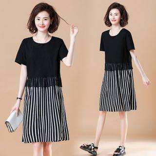 Striped Panel Round-neck Short-sleeve Dress