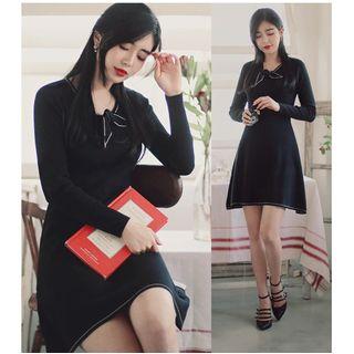 Bow Long-sleeve A-line Knit Dress