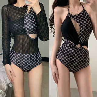 Set: Halter-neck Lettering Knotted Cutout Swimsuit + Cover-up