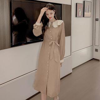 Long-sleeve Color Block Buttoned Chiffon Midi Dress