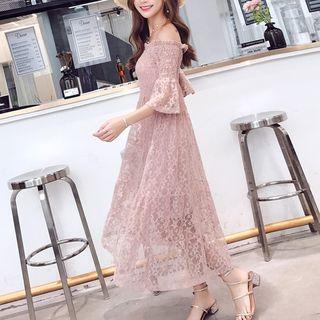 Elbow-sleeve Off Shoulder Lace Midi Dress