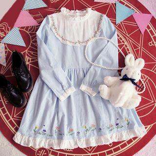 Flower Embroidered Frill Trim Long Sleeve Dress