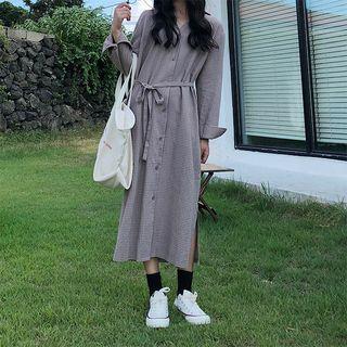 Long-sleeve Midi Plaid Shirt Dress