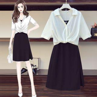Set: Short-sleeve Blouse + Sleeveless Shift Dress