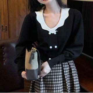 Contrast Collar Cropped Blouse Blouse - Black - One Size