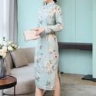 Long-sleeve Floral Midi Qipao Dress